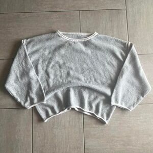 Grey Textured Knit Cropped Sweater Wide Sleeve Crew Neck Pullover Top